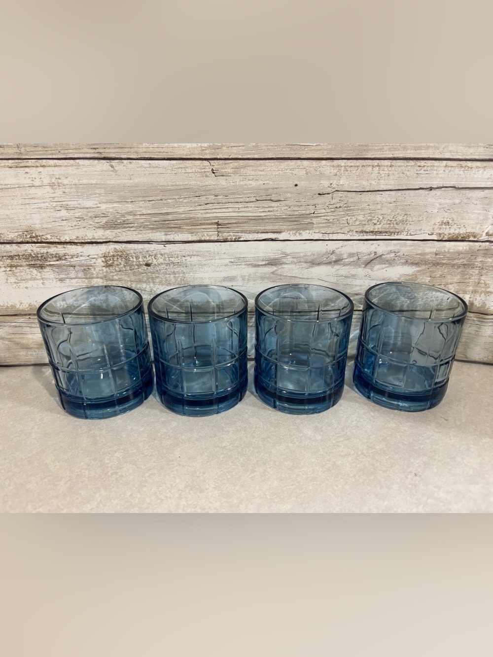 Set of 4 vintage Anchor Hocking blue Tartan Plaid lowball tumblers